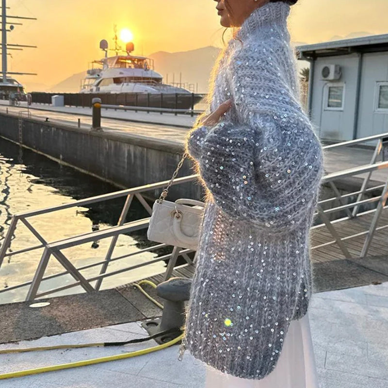 Pulover tricotat cu paiete uni