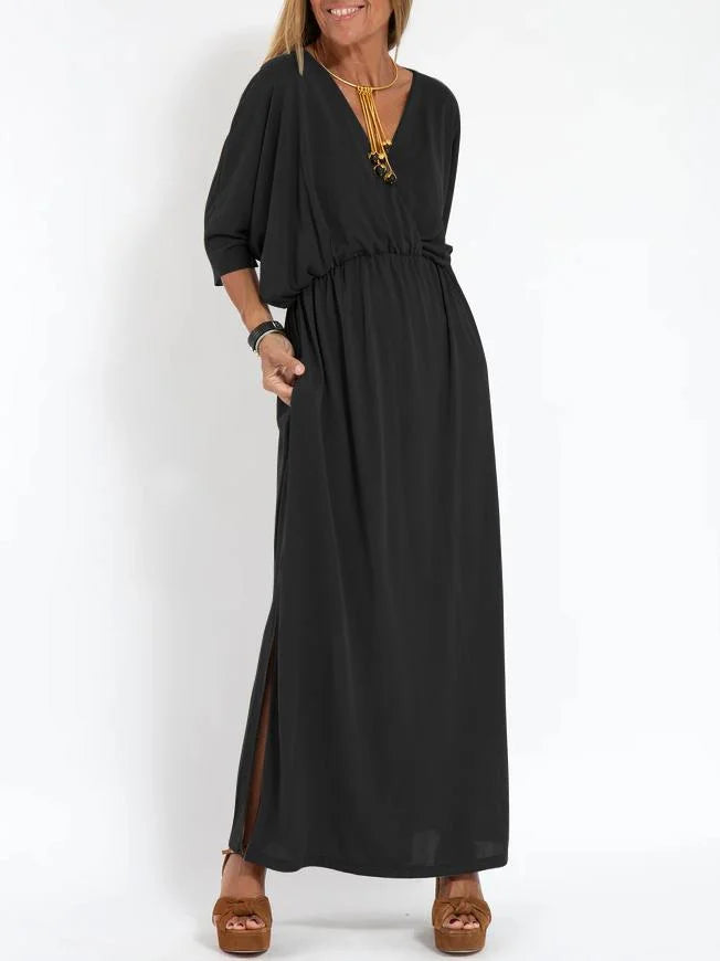 Women's Casual Solid Color V-Neck Slit Dress 