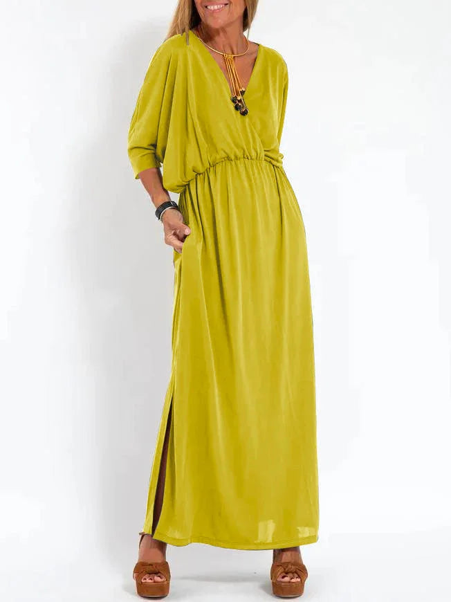 Women's Casual Solid Color V-Neck Slit Dress 